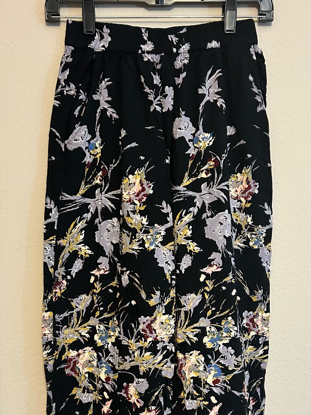 ANGIE Boho Floral Jogger Pants Harem Trouser Black Smocked Waist Festival S
